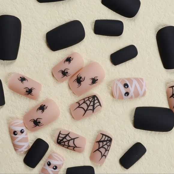 2/$10 Halloween Mummy & Spider Matte Nail Set - Black & Nude - Picture 2 of 7